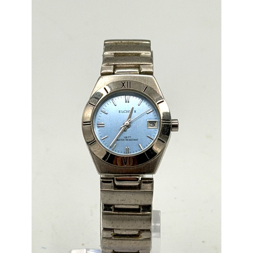 Elgin II Women's Blue Dial Date Quartz Watch 6in Silver Tone New Battery